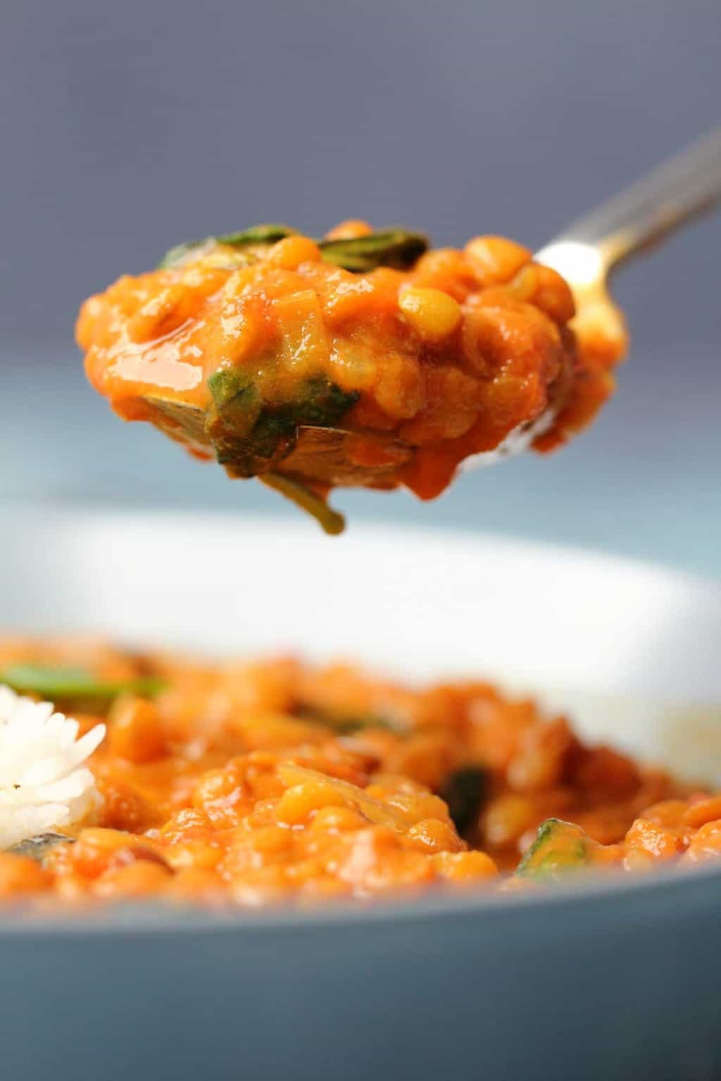 Curry de lentilles végétaliennes dans un bol bleu avec une cuillère.