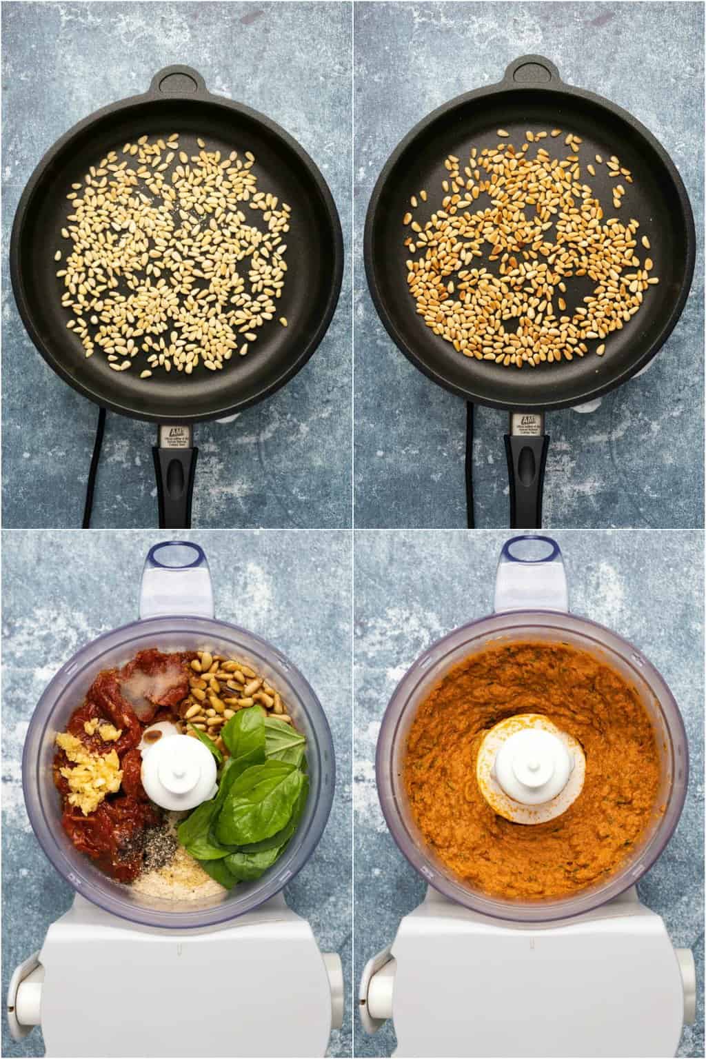 Étape par étape, collage de photos de fabrication d'un pesto de tomates séchées au soleil.
