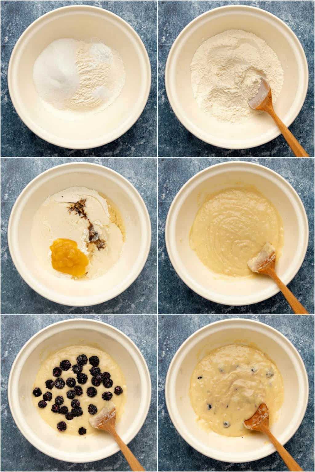 Étape par étape, procédez au collage photo de la préparation de la pâte pour les muffins végétaliens aux mûres.