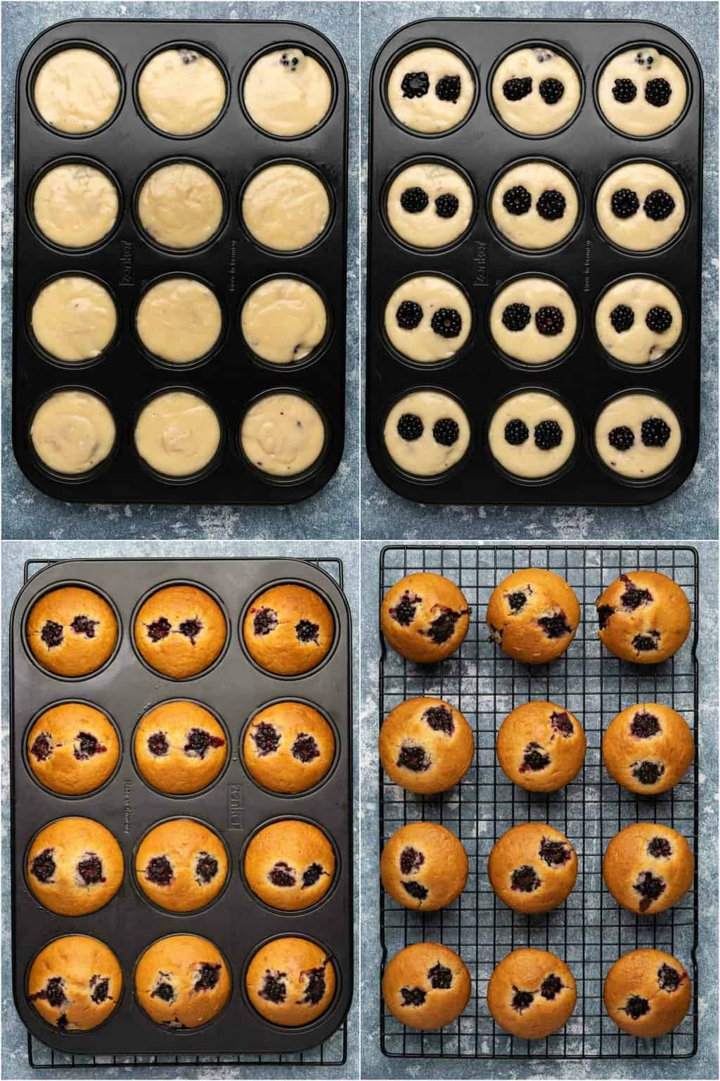 Étape par étape, collage de photos de fabrication de muffins aux mûres.