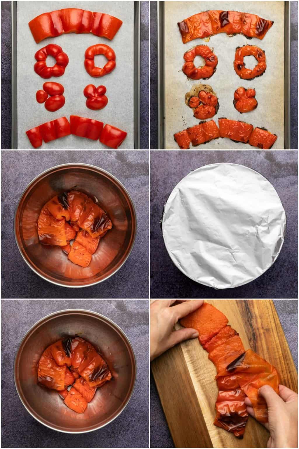 Étape par étape, collage de photos de fabrication de poivrons rouges rôtis.