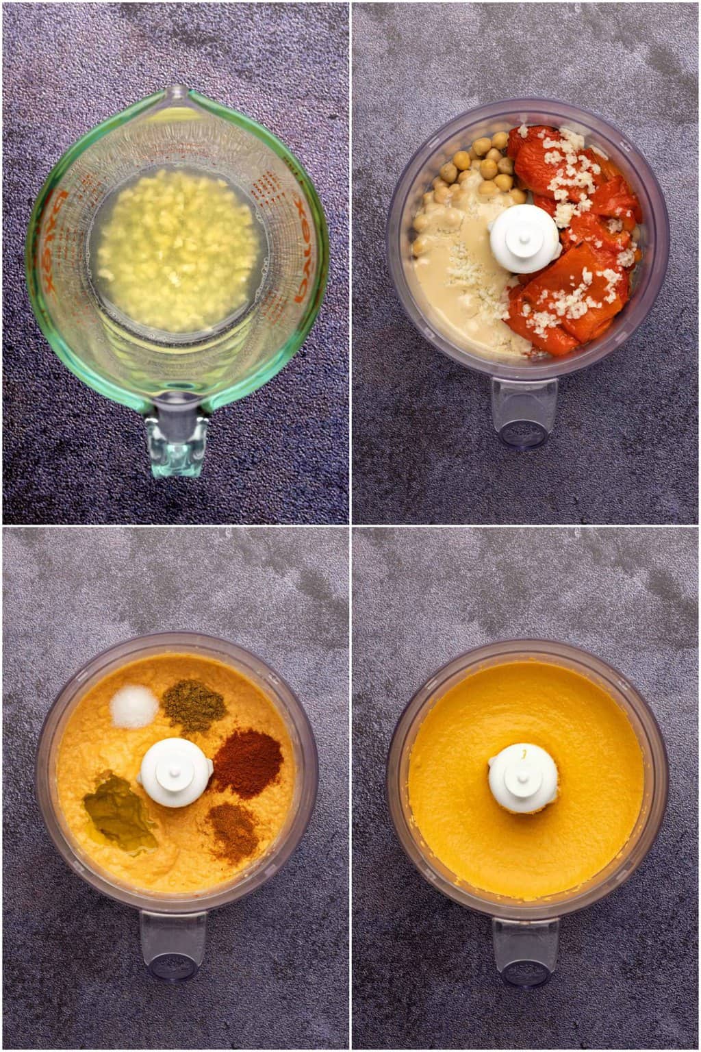 Étape par étape, collage de photos de fabrication de houmous de poivron rouge rôti.