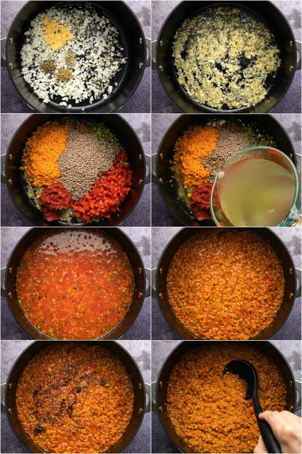 Étape par étape, collage de photos de fabrication de lentilles bolognaises.