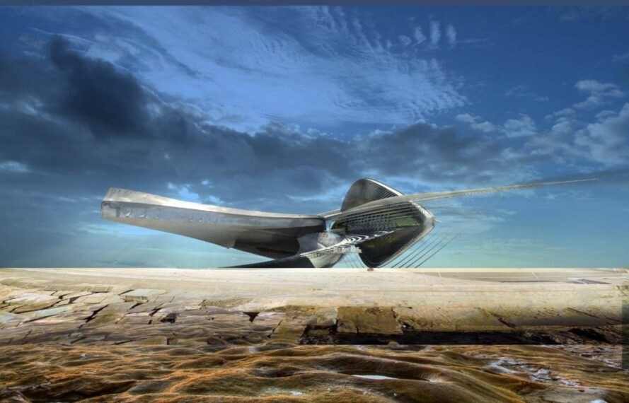 immense sculpture sur paysage désertique