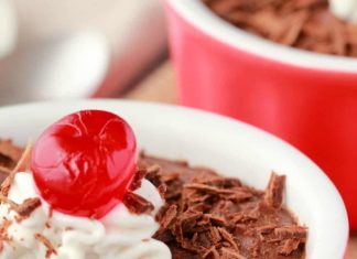 Mousse au chocolat végétalien – Aimer le végétalien Mousse au chocolat végétalienne dans un ramequin rouge et blanc avec des copeaux de chocolat, une cuillerée de crème de noix de coco et une cerise