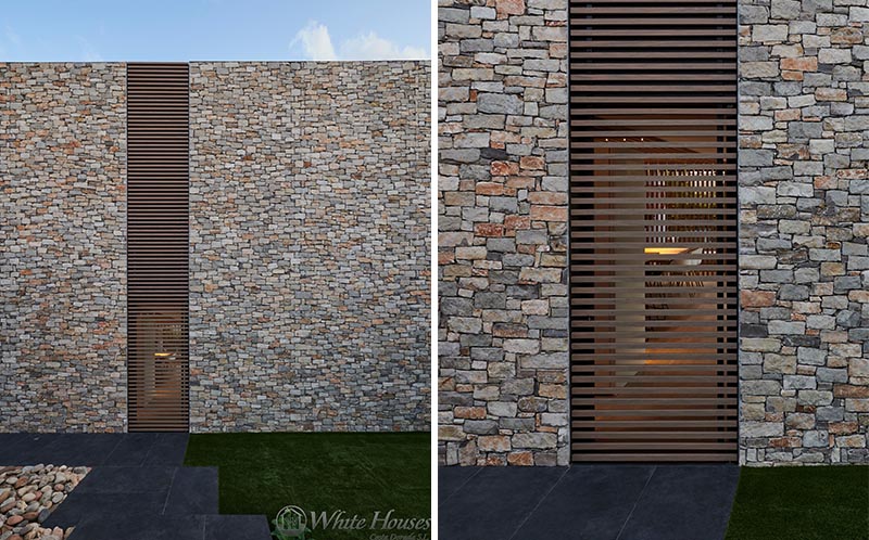 Cette maison moderne a un détail de lattes de bois qui fournit non seulement un intérêt visuel sur la façade, mais elle cache également une porte qui s'ouvre sur l'intérieur de la maison. #WoodSlat #Facade #ModernHouse #StoneHouse #WoodAccent #Architecture #Doors