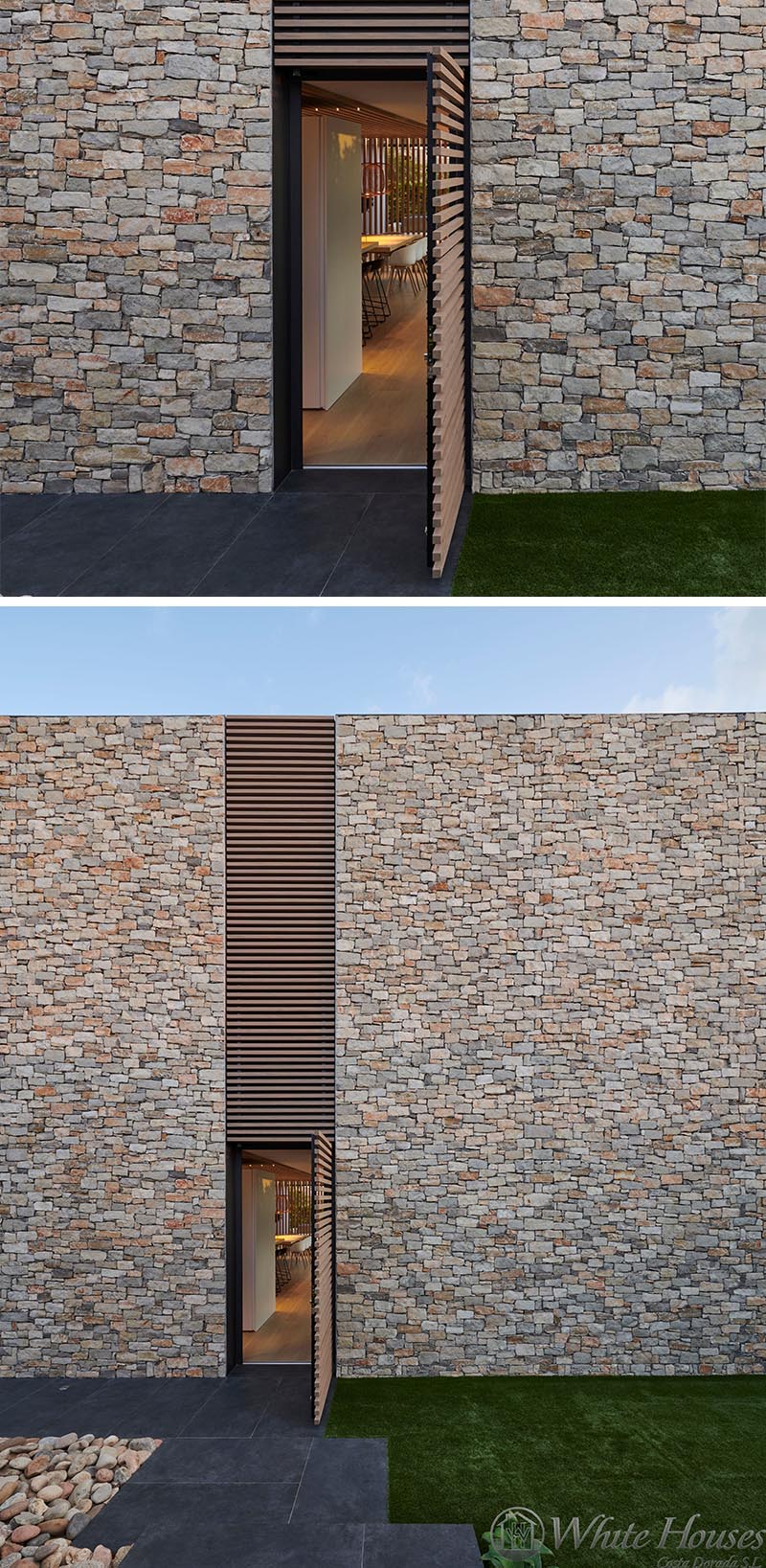 Cette maison moderne a un détail de lattes de bois qui fournit non seulement un intérêt visuel sur la façade, mais elle cache également une porte qui s'ouvre sur l'intérieur de la maison. #WoodSlat #Facade #ModernHouse #StoneHouse #WoodAccent #Architecture #Doors