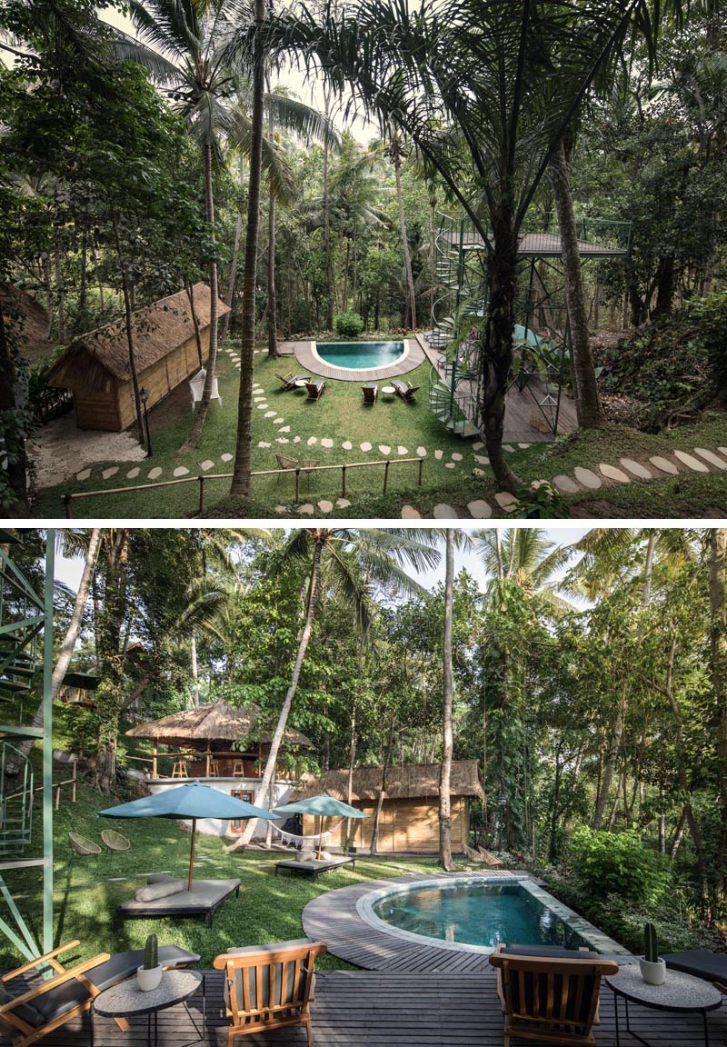 Cet hôtel indonésien est entouré d'un cadre tropical comme un parc, dispose d'installations comme un sauna, une petite piscine, un bar, des coins salons et d'autres petites zones de loisirs. #TropicalHotel #TreetopHotel #BoutiqueHotel