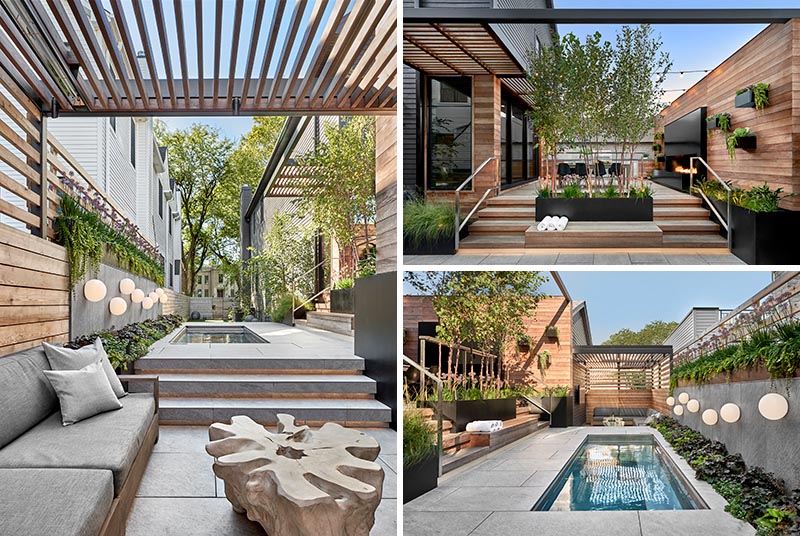 Cet espace de divertissement extérieur moderne dispose d'une cuisine mur à mur avec barbecue, d'une cheminée linéaire de 7 pieds, d'un coin repas, d'un spa conçu sur mesure, de jardinières en acier noir, d'un salon extérieur, d'un éclairage caché et de pergolas. #OutdoorSpace #OutdoorEntertaining #Landscaping #Spa #OutdoorLounge #OutdoorKitchen