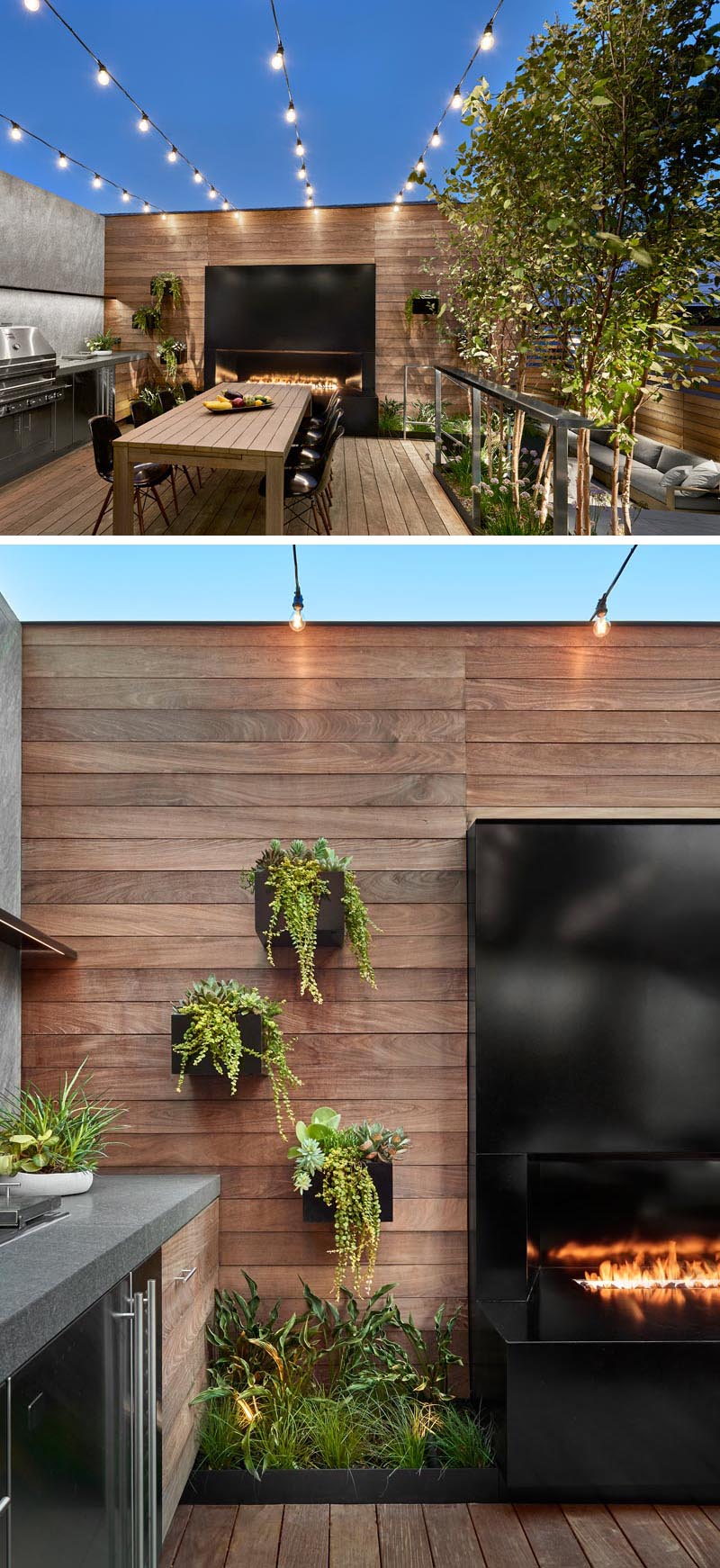 Cette salle à manger extérieure moderne a une cheminée linéaire de 7 pieds avec un cadre en acier noir, une gamme astucieuse de jardinières en cascade remplies de plantes succulentes et des guirlandes lumineuses. #OutdoorDining #BlackSteelFireplace #StringLights