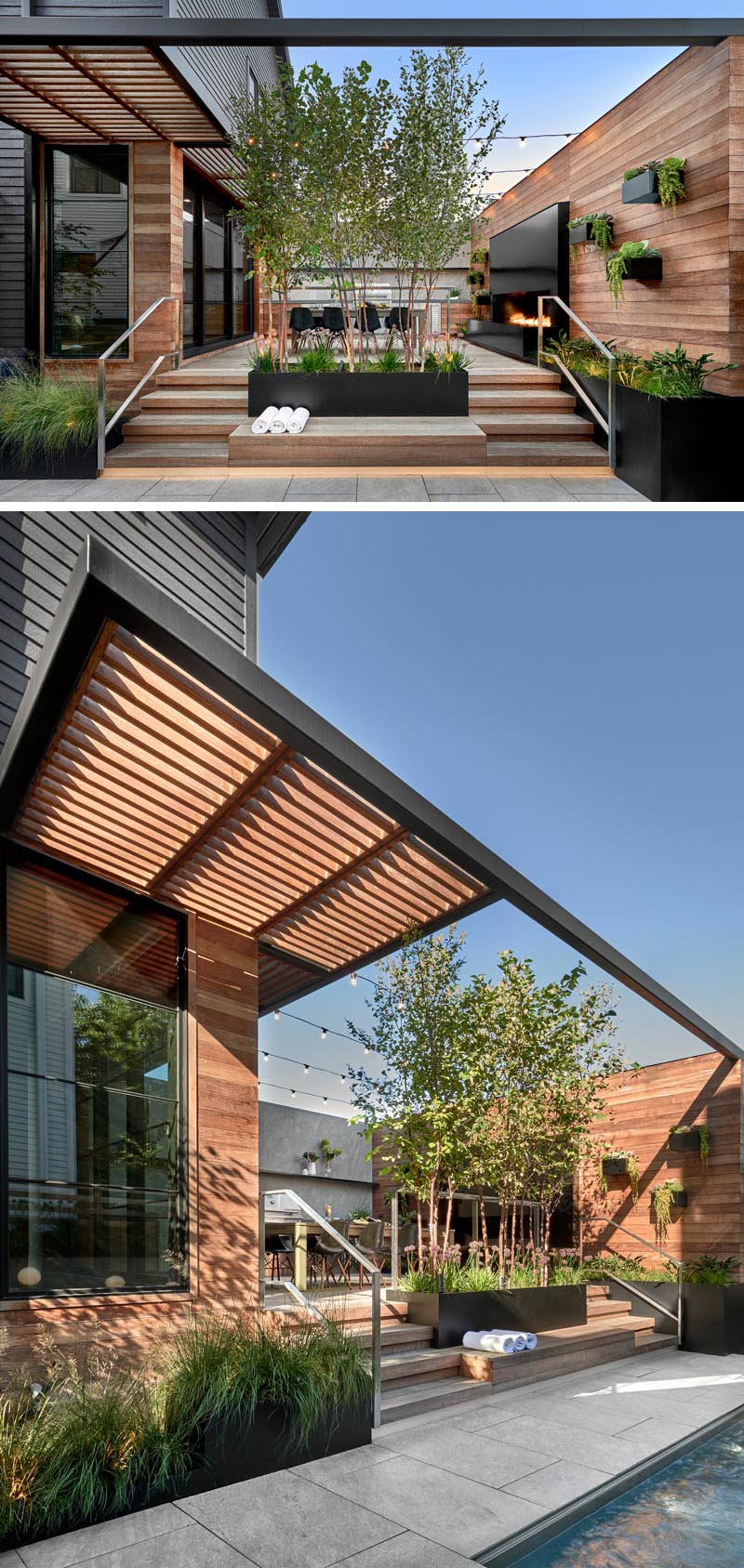 Cet espace de divertissement extérieur moderne possède des jardinières en acier noir, des stores à persiennes et une pergola qui ont été conçus pour filtrer la lumière du soleil, ajouter de l'intérêt et maintenir l'intimité. L'éclairage a été intégré sous les escaliers, les mains courantes et au-dessus de la cuisine extérieure pour plus de sécurité et d'esthétique. #ModernOutdoorSpace #Landscaping #BlackSteelPlanters #OutdoorStairs #Pergola #Sunshade