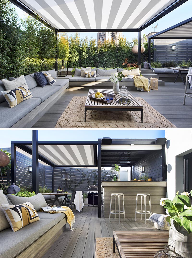 Les zones désignées de cette terrasse partiellement couverte permettent à l'espace d'être utilisé pour une variété d'activités, comme le salon intégré. Il est conçu pour la conversation ou la détente, les plantes environnantes assurant l'intimité. #Terrace #OutdoorLounge #ShadeCloth #OutdoorEntertaining