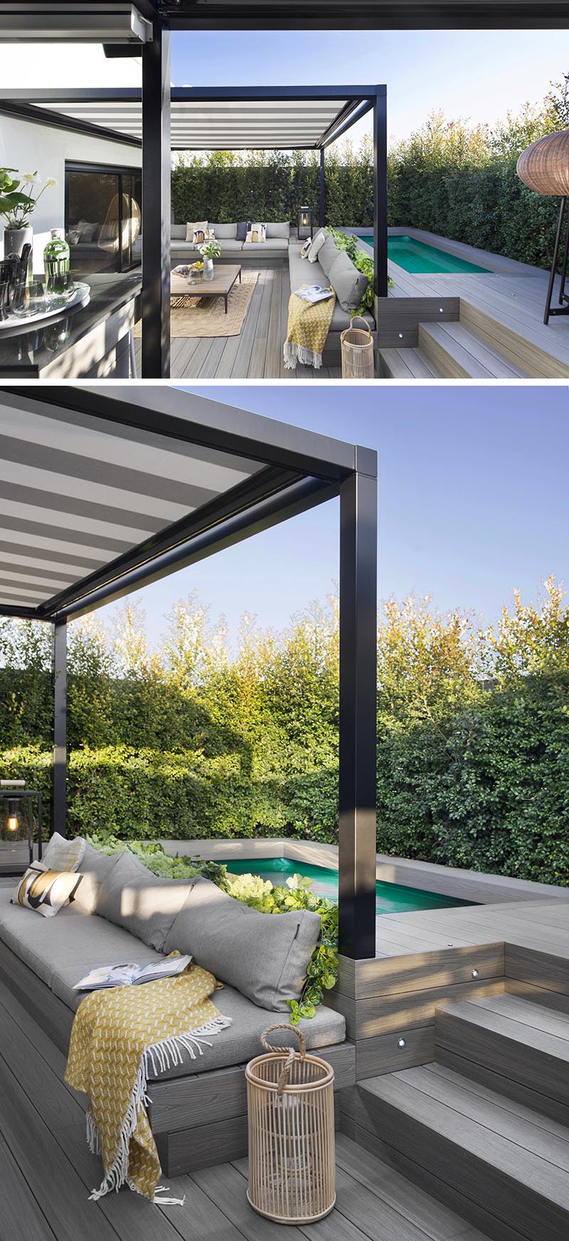 Presque cachée à la vue sur cette terrasse se trouve la petite piscine, située derrière le salon. Il est relevé de sorte que lorsque quelqu'un est dans la piscine, il soit à la même hauteur que les personnes assises dans le salon. #Terrace #SwimmingPool #OutdoorLounge