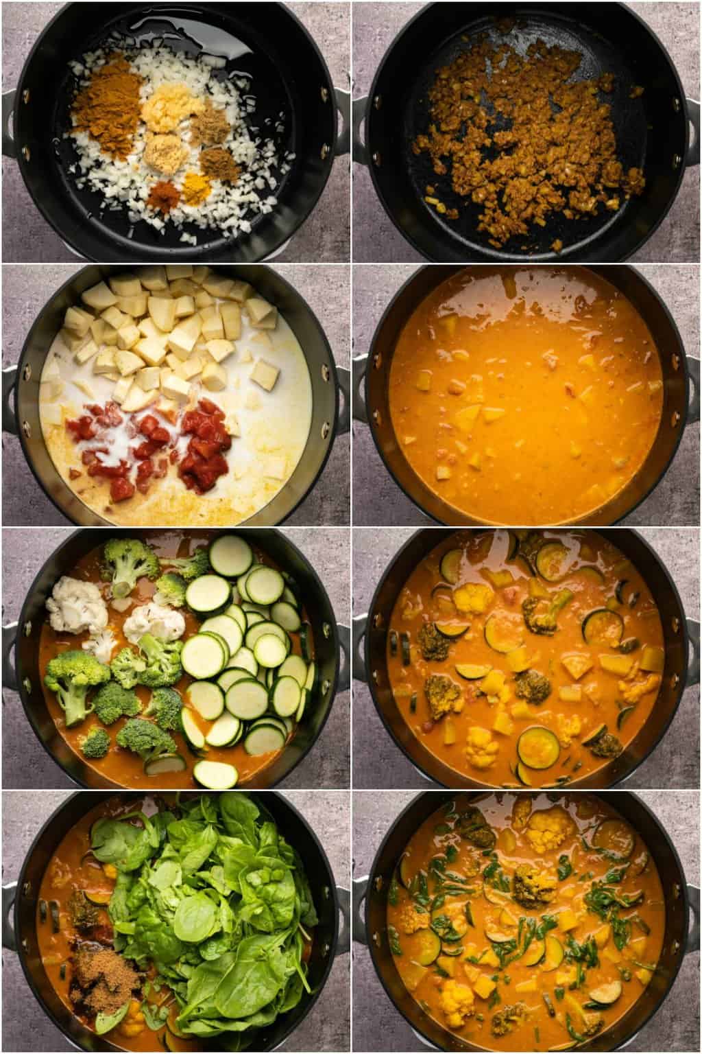 Étape par étape, collage de photos de fabrication de curry végétalien.