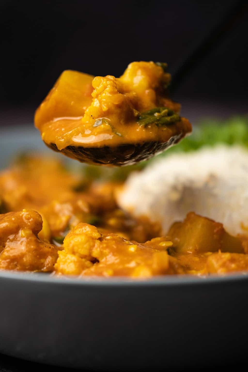 Cuillère de curry végétalien au-dessus d'un bol bleu.