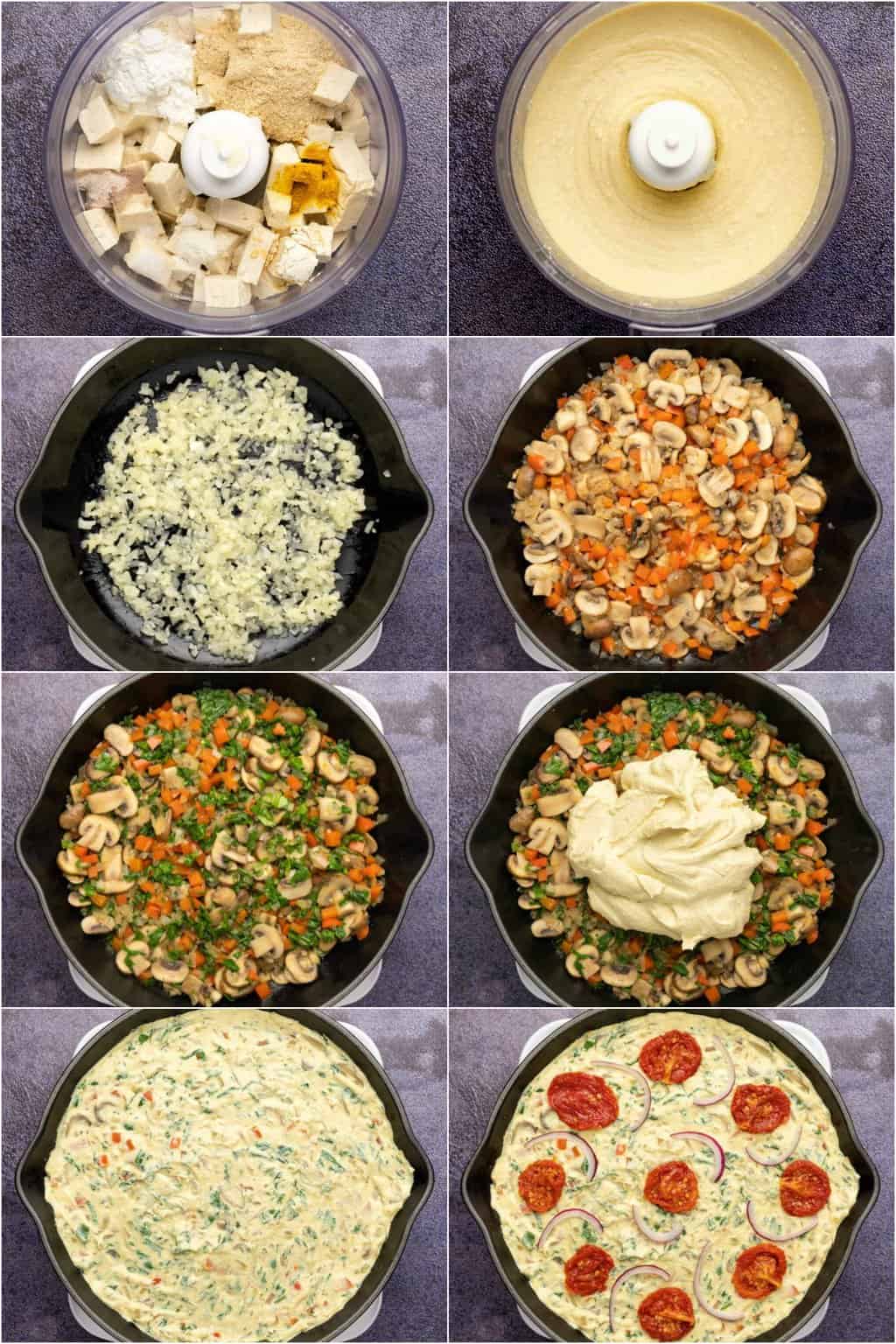 Processus étape par étape de collage de photos de fabrication d'une frittata végétalienne.