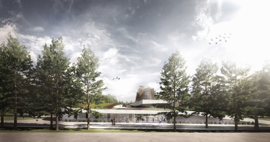 rendu d'arbres entourant un grand bâtiment rond