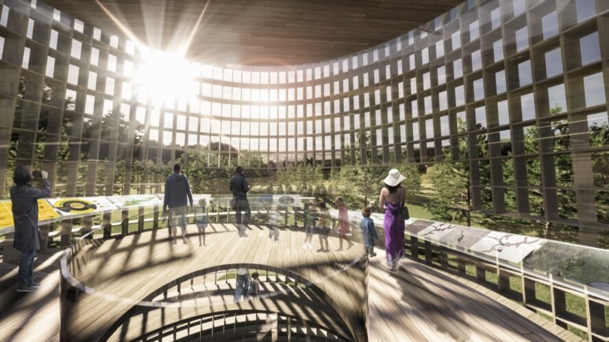 Rendu de personnes lisant des plaques informatives à l'intérieur d'un pavillon rond