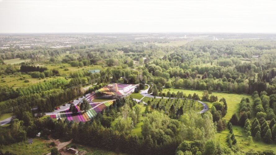 vue aérienne, de, paysage fleuri, et, bâtiment, à, toit vert