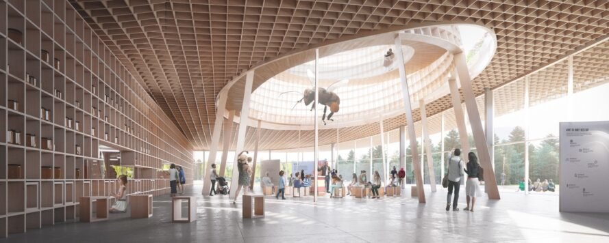 Rendu d'un bâtiment intérieur bordé de bois avec des sculptures d'abeilles
