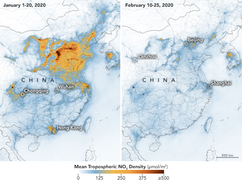 carte montrant les émissions de carbone en Chine avant et après le coronavirus
