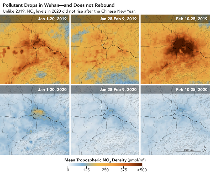 carte montrant les émissions de dioxyde d'azote en Chine avant et après le coronavirus