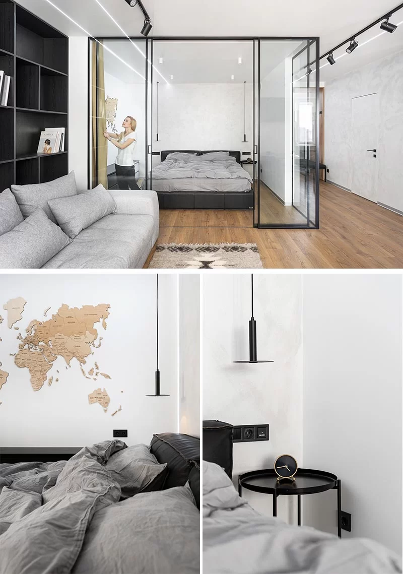 Situé directement à côté du salon de cet appartement moderne, se trouve une chambre vitrée qui offre une séparation avec le reste de l'appartement, mais permet en même temps à la lumière naturelle de la fenêtre de traverser la chambre. #GlassEnclosedBedroom #ModernApartment #BedroomDesign