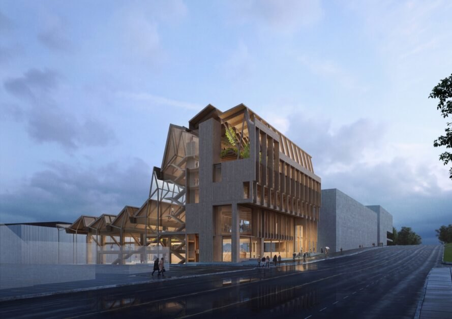 un bâtiment en bois géométrique sur un fond de ciel bleu