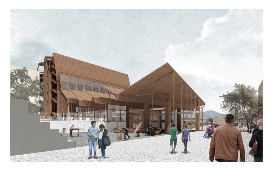 une structure en bois avec un pavillon et des gens qui se promènent