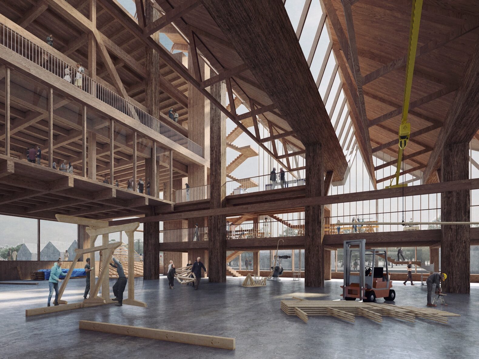 intérieur d'une structure en bois avec poutres transversales