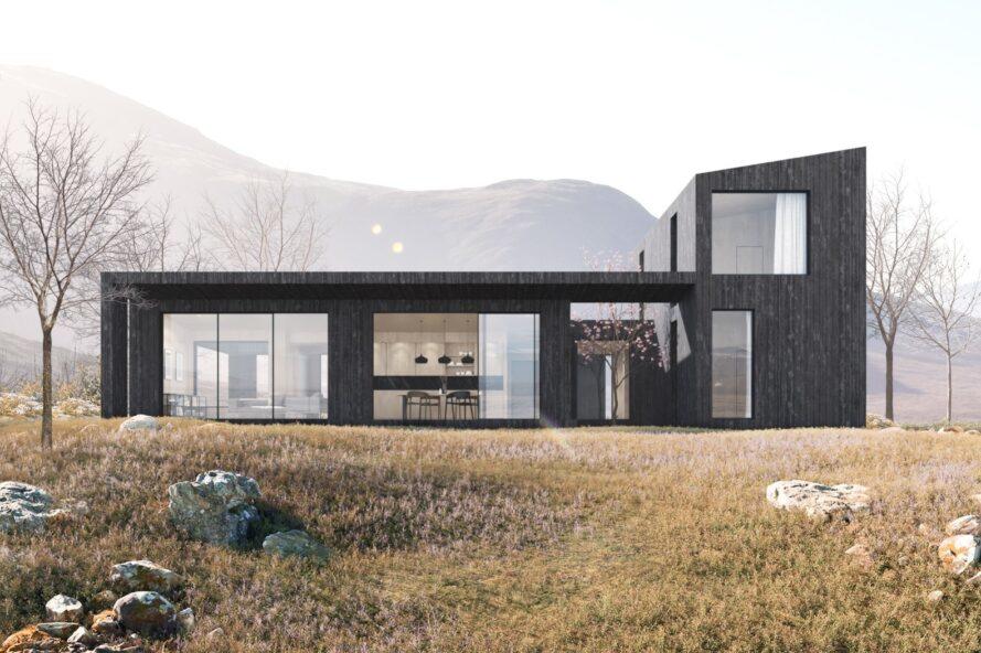 rendu de maison en bois foncé avec fenêtres pleine hauteur et portes coulissantes en verre
