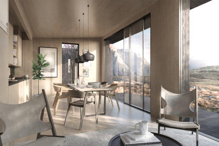 rendu de l'intérieur de l'usine ouverte avec des chaises longues blanches et une table à manger en bois clair