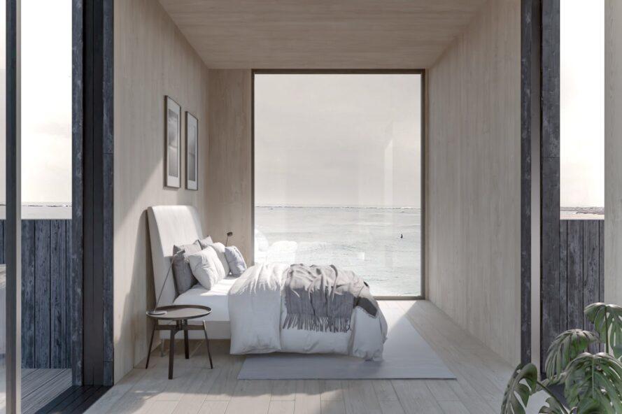 rendu d'une chambre moderne avec une grande fenêtre du sol au plafond et un lit blanc et gris