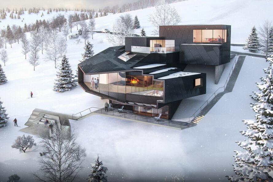 rendu d'un grand chalet noir avec plusieurs panneaux de verre révélant des cheminées à l'intérieur