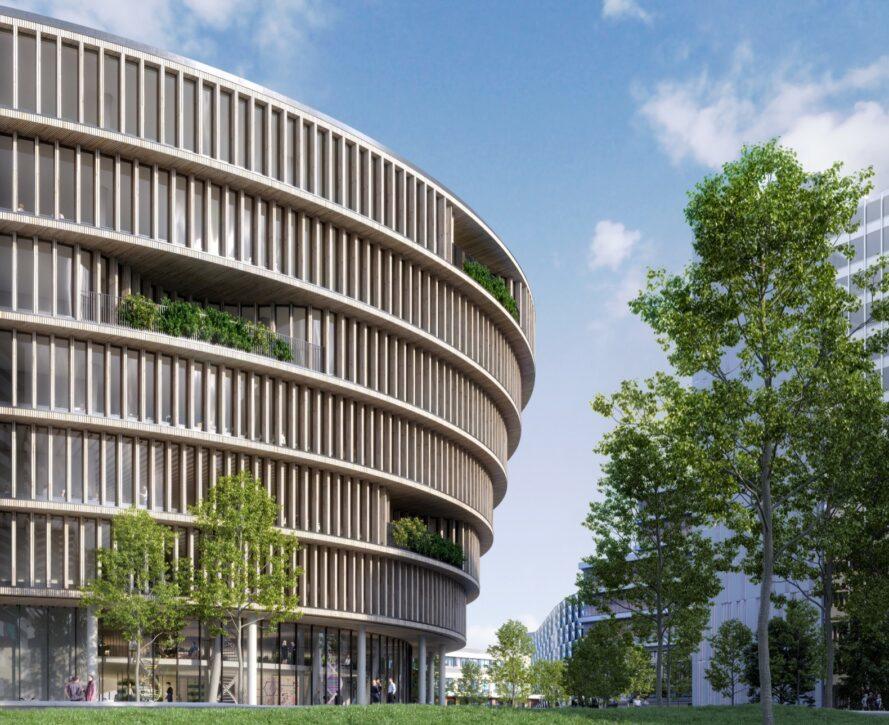 rendu d'un bâtiment rond de sept étages avec des poches d'arbres à chaque étage