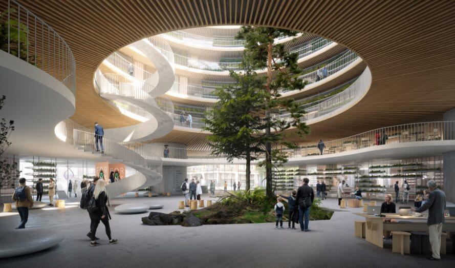 rendu d'arbre poussant à travers le centre d'un atrium