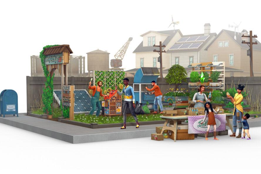 Oeuvre de style Sims d'un pâté de maisons avec des personnages Sim jardinant et vendant de l'artisanat