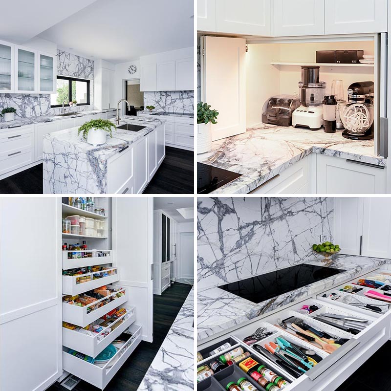 Le courtier en rénovation Blakes de Sydney, a partagé avec nous un design de cuisine moderne blanc et gris, qui présente une variété d'idées de stockage et d'organisation. #KitchenDesign #KitchenIdeas #KitchenStorage #KitchenOrganization