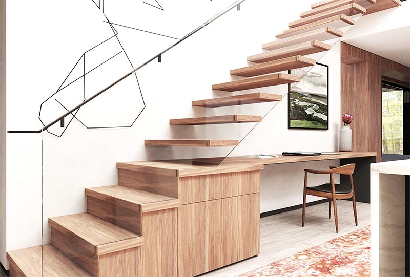 Au lieu d'avoir un espace vide inutilisé sous ces escaliers modernes, les concepteurs ont combiné les escaliers, le bureau et le stockage tous ensemble, créant un espace cohérent et utile. #StairDesign #HomeOffice #BuiltInDesk #ModernStairs