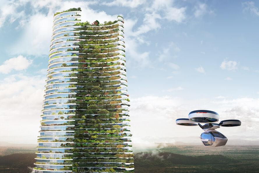 rendu du haut d'une tour de verre avec un jardin vertical sur toute la longueur du bâtiment et un drone volant à proximité
