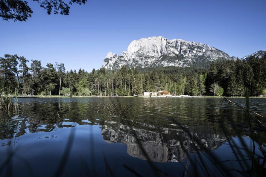 un lac avec forêt et montagnes en arrière-plan et reflété dans le lac
