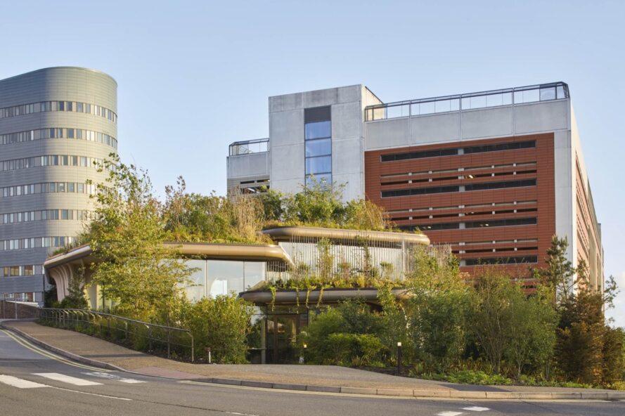 bâtiment en bois et en verre avec plusieurs toits verts à côté d'un grand bâtiment hospitalier