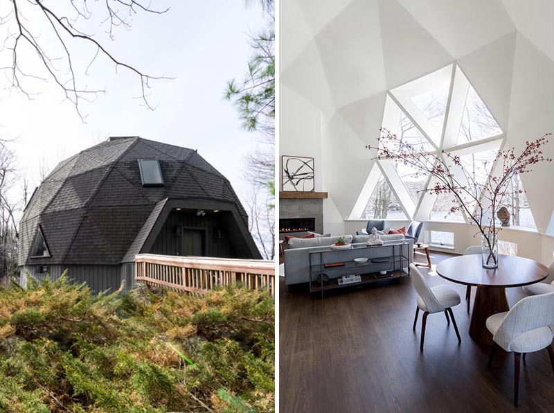 Jess Cooney Interiors a donné un dôme géodésique Buckminster Fuller original des années 1980 sur les rives du lac Seneca à Becket, Massachusetts, une rénovation intérieure moderne. #GeodesicDome #ModernInterior #InteriorDesign
