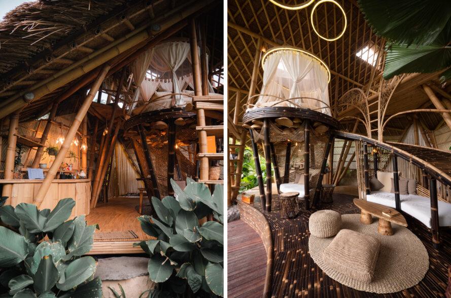 structure en bambou avec une petite cuisine et un lit rond surélevé