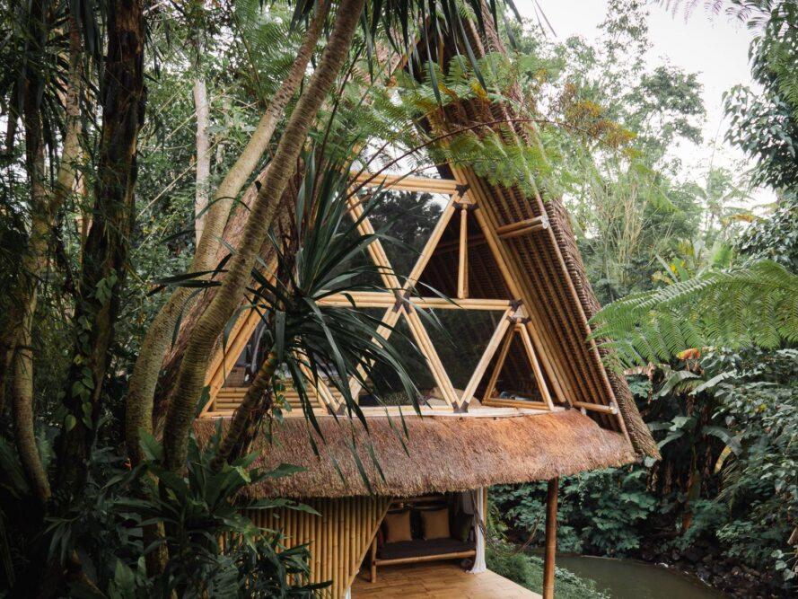 structure en bambou incliné avec fenêtres triangulaires