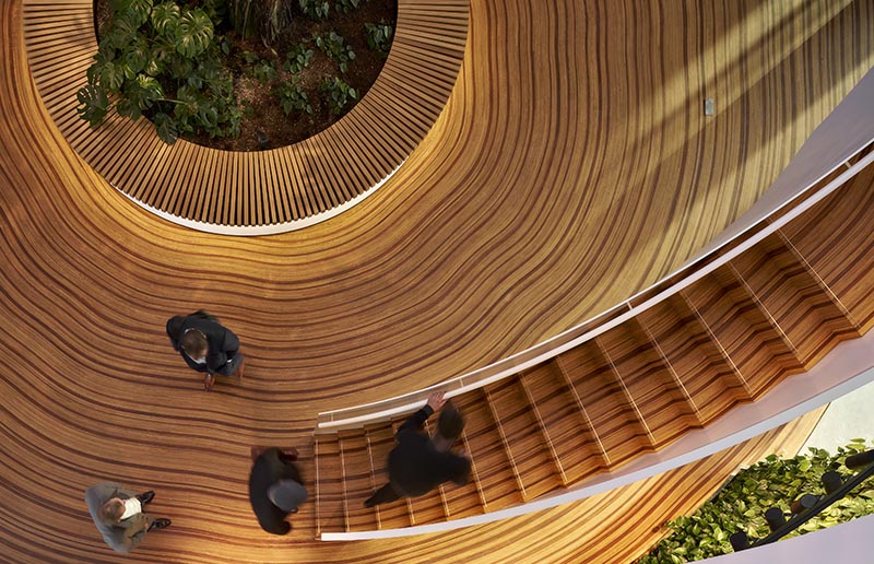Le plancher en bois de cet atrium de bureau a été conçu pour représenter les anneaux de croissance d'un arbre.  #WoodFloor #FlooringIdeas #ArtisticFlooring #SculpturalFlooring