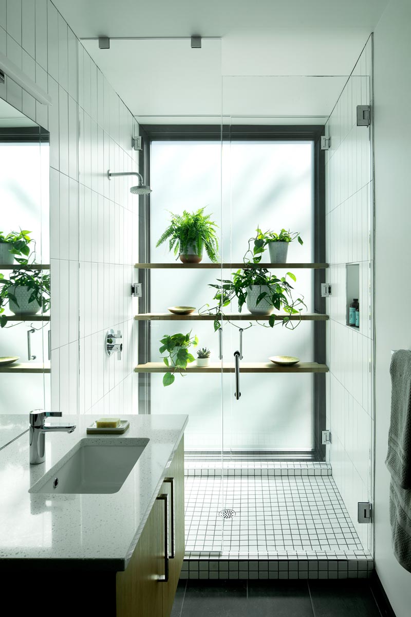 Dans cette salle de bain moderne, des étagères en bois contre une fenêtre givrée offrent un endroit pour exposer les plantes sous la douche. #ModernBathroom #ShowerShelves #ShowerWithPlants #Plants #Shelving #BathroomIdeas