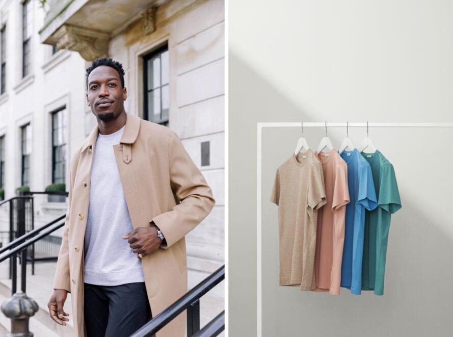 A gauche, personne portant un pullover crème et un trench beige. A droite, des T-shirts pastel sur un portant à vêtements.