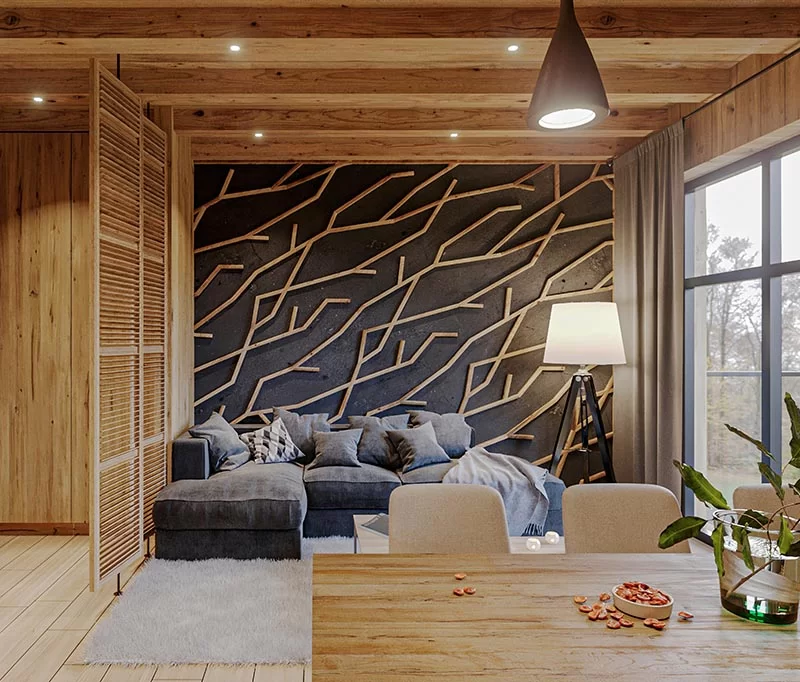 Fabriqué à partir de morceaux de bois individuels, ce mur d'accent en bois de type branche moderne crée un point focal dans la pièce et complète les autres détails en bois. #WoodAccentWall #BlackWall #BranchArt #AccentWallIdeas