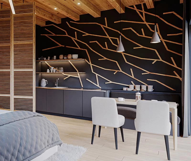 Fabriqué à partir de morceaux de bois individuels, ce mur d'accent en bois de type branche moderne crée un point focal dans la pièce et complète les autres détails en bois. #WoodAccentWall #BlackWall #BranchArt #AccentWallIdeas #HotelDesign